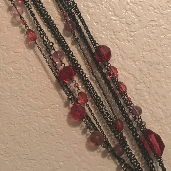 Black Multi-chain, Long, Layered Necklace w/ Pink Beads; from Express; like new! - Picture 2 of 3